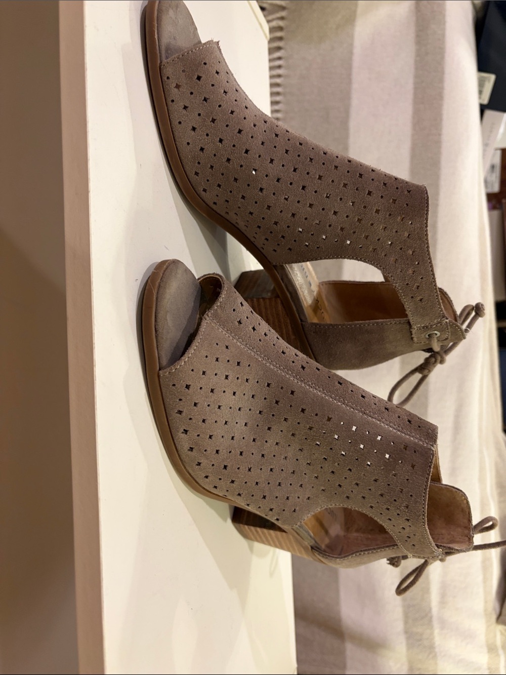 Lucky Brand Taupe Suede Perforated Peep-Toe Block Heel Sandals